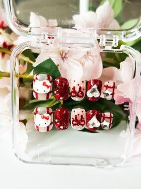 Hello Kitty Red and White Glitter Nail Set with Rhinestones